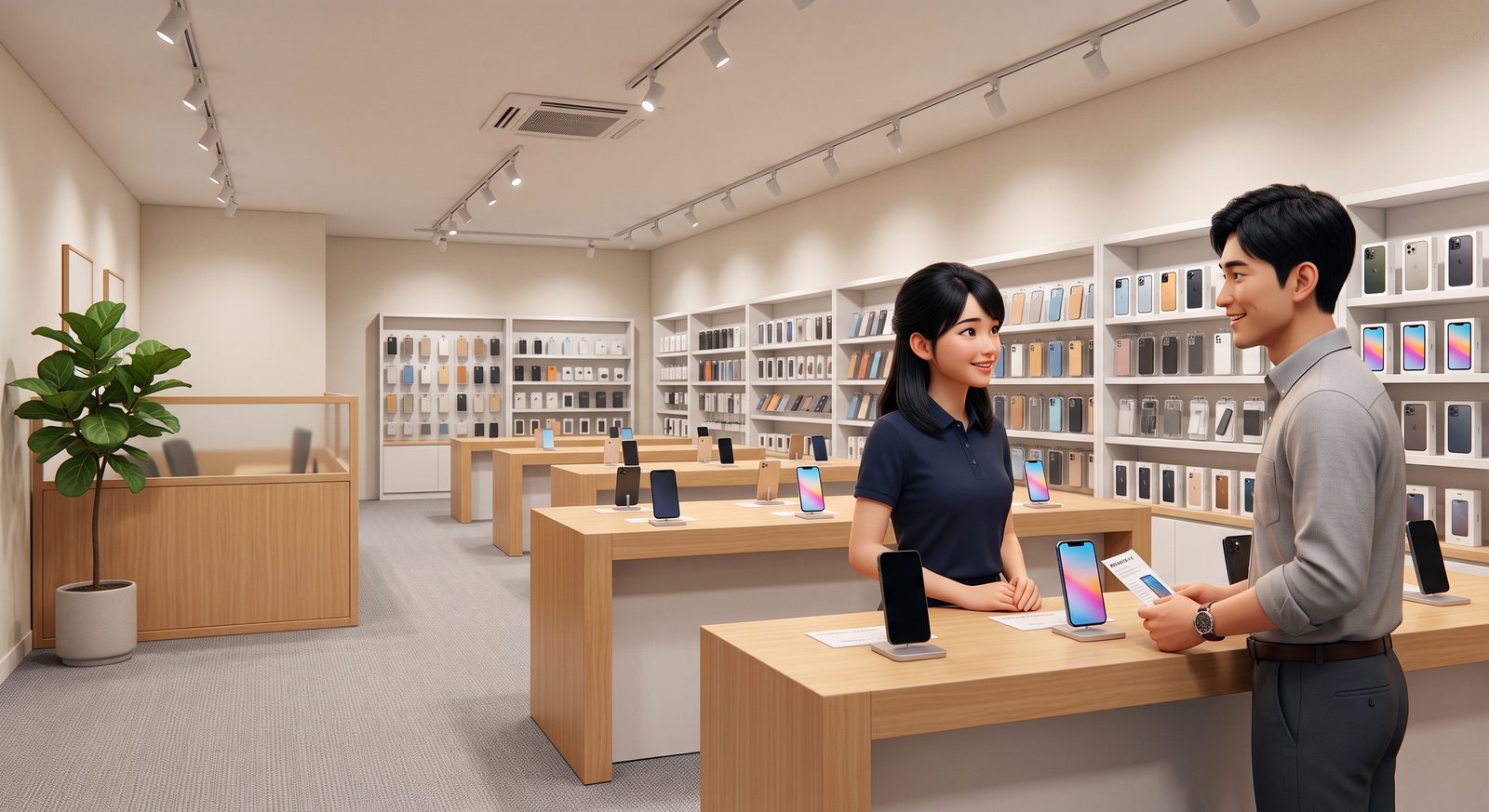 商業施設の催事ブースで、お揃いのユニフォームのスタッフ2名が家族連れにスマートフォンを案内しているイラスト
