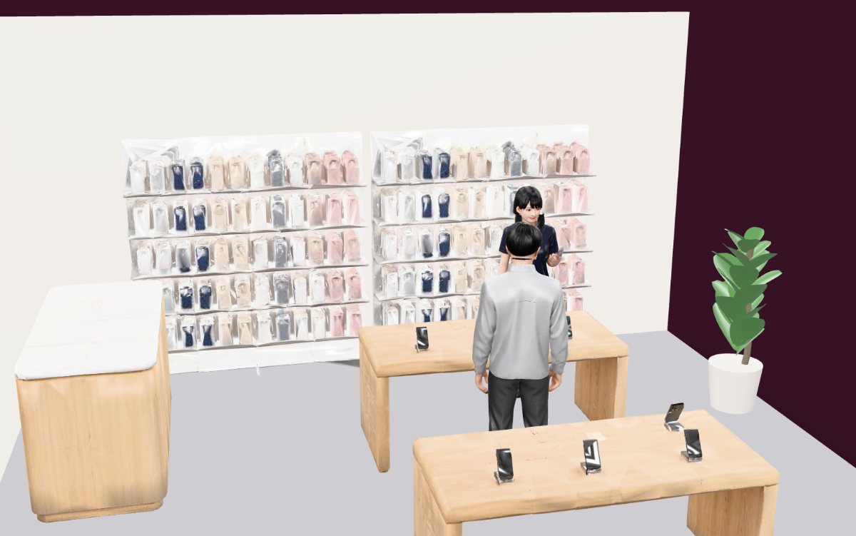 携帯ショップの接客シーンの3Dモデル。相談カウンター・展示什器・壁面のアクセサリー棚とスタッフ、お客様